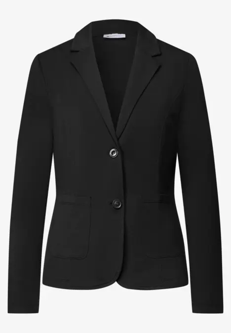 Schwarzer Damen-Blazer mit Reverskragen, längerer Schnitt und Knopfverschluss vorne.