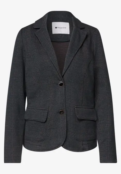 Veste blazer femme gris foncé à motif discret, deux boutons et poches plaquées.
