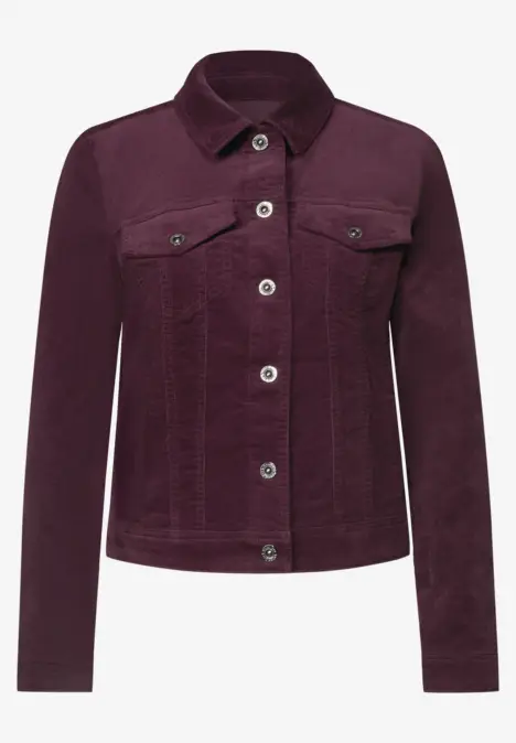 Dunkelviolette Jeansjacke mit Knopfleiste und Brusttaschen.