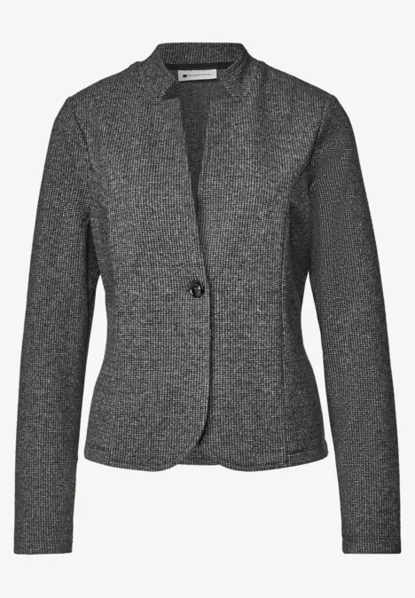 Eleganter taillierter grauer Damen-Blazer mit Ein-Knopf-Verschluss und leicht strukturiertem Stoff.