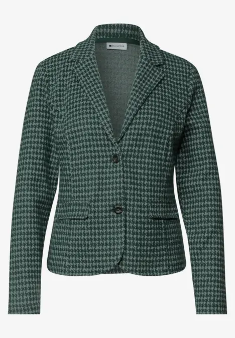 Veste femme verte à motif pied-de-poule, coupe cintrée, col à revers et deux boutons.