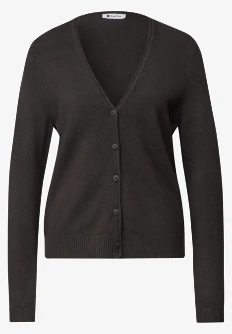 Dunkelgraue Strickjacke mit V-Ausschnitt, langen Ärmeln und durchgehender Knopfleiste.