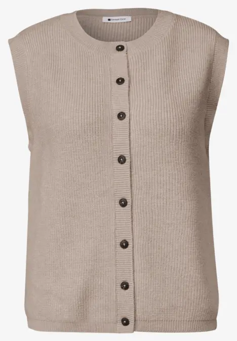 Beige, ärmelloses Strickweste mit rundem Halsausschnitt und durchgehender Knopfleiste.
