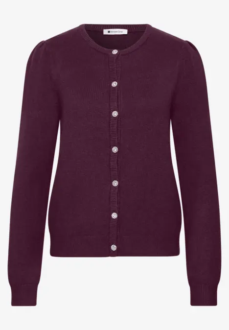 Donkerpaarse gebreide cardigan met ronde hals en knoopsluiting.