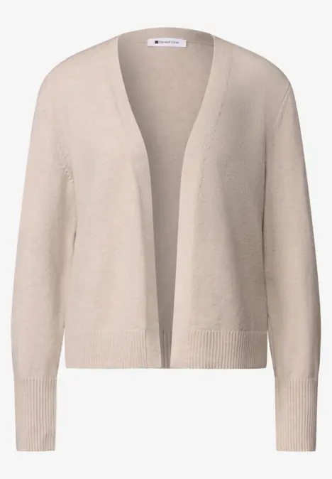 Cardigan beige léger, coupe ouverte et manches longues.