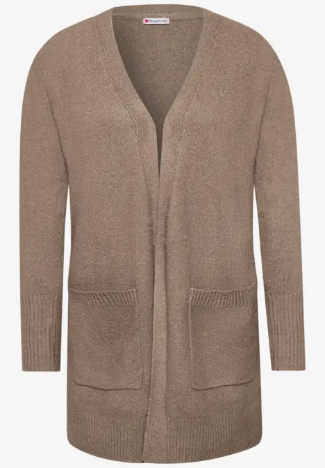 Bruine, opengebreide cardigan met V-hals, lange mouwen en twee opgestikte zakken.