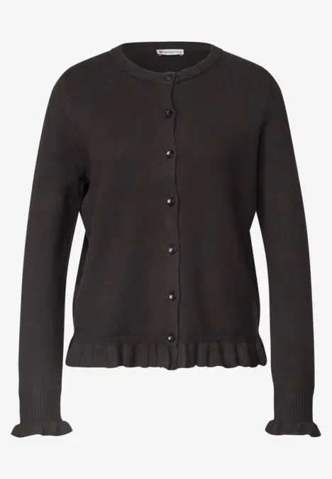 Donkerbruine gebreide cardigan met knopen, ronde hals en ruches aan mouwen en zoom