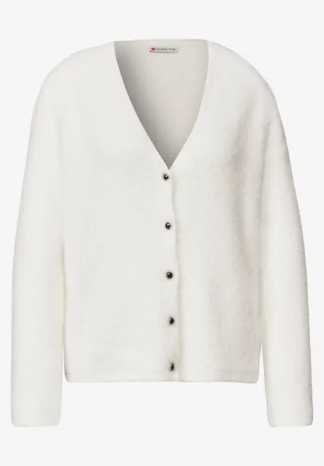 Weißer, flauschiger Cardigan mit V-Ausschnitt und Knopfleiste, locker geschnitten