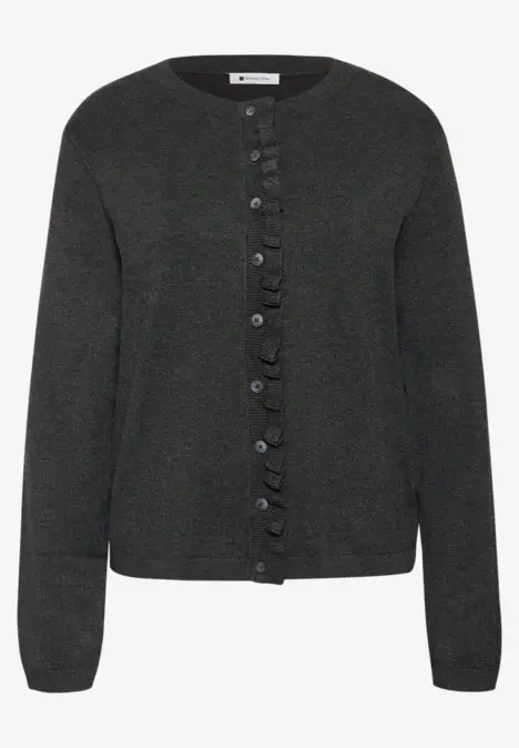 Dunkelgrauer Strickcardigan mit Rüschenkante an der Knopfleiste