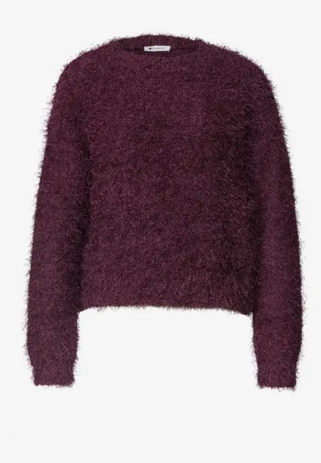Kurz geschnittener, flauschiger Pullover mit Rundhalsausschnitt in dunklem Aubergine