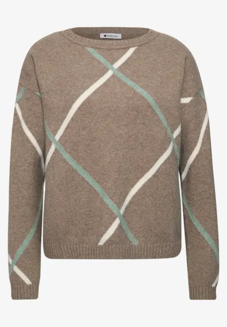 Brauner Pullover mit diagonalen weißen und mintgrünen Streifen, Rundhalsausschnitt und geradem Schnitt.