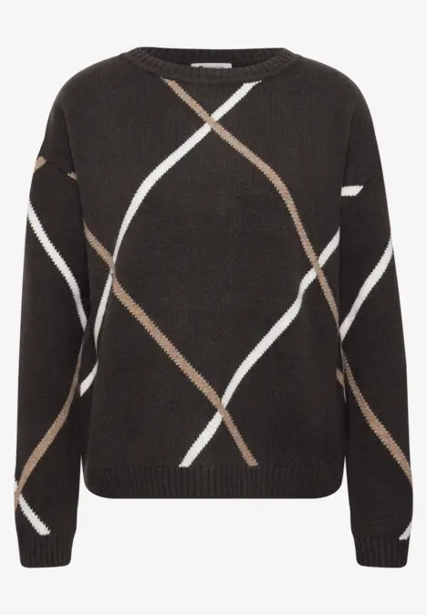Donkere gebreide trui met witte en beige diagonale strepen, ronde hals en lange mouwen