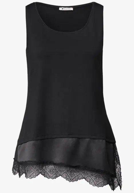 Ärmelloses schwarzes Oberteil mit Stufen-Saum aus Spitze und leichtem Chiffon
