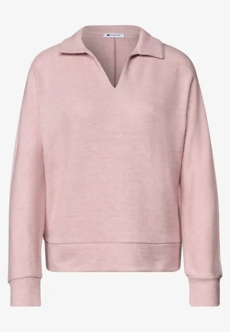 Rosa Fleece-Pullover mit umgeschlagenem Kragen und V-Ausschnitt