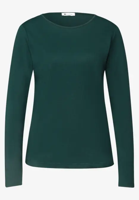 Dunkelgrünes, schlichtes Langarmshirt mit Rundhalsausschnitt.