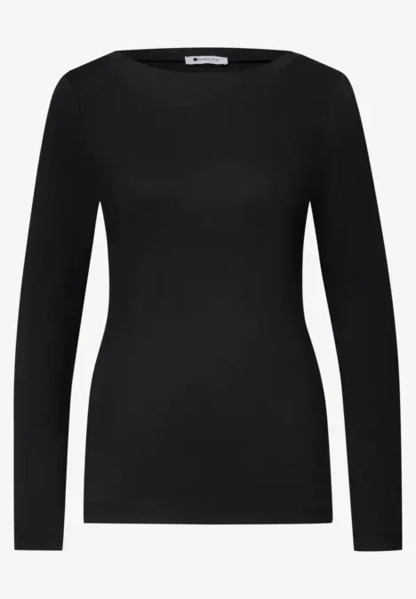 Schwarzes, schlichtes Langarmshirt mit U-Boot-Ausschnitt und schmaler Passform.
