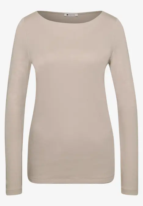 Schlichtes langärmeliges Damen-Shirt in Beige mit Rundhalsausschnitt