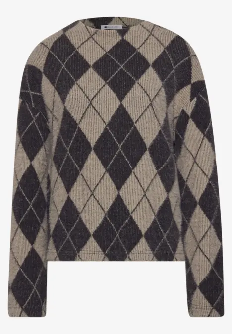 Pullover mit dunkelgrauem und beigem Rautenmuster, langärmlig, gerade geschnitten.