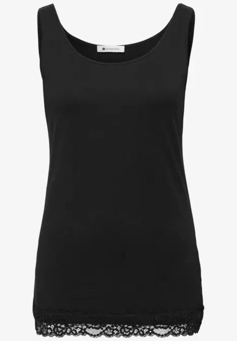 Schlichtes ärmelloses Top in Schwarz mit zartem Spitzensaum am Saum.