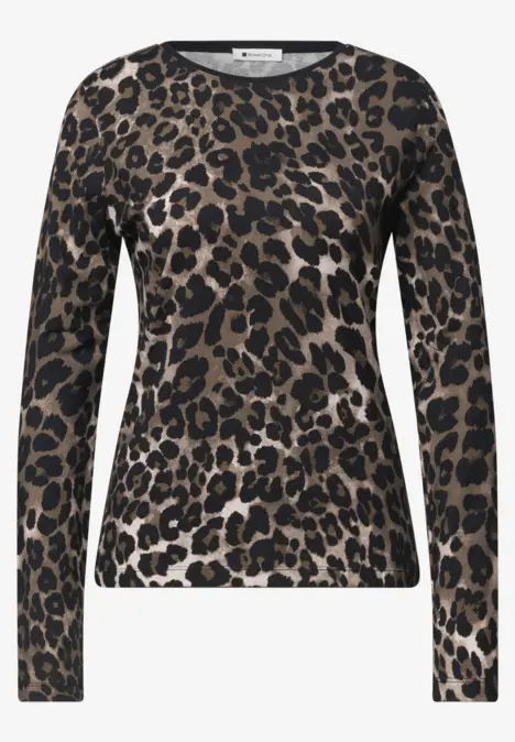 Langarmshirt mit Leopardenmuster in Braun und Schwarz.