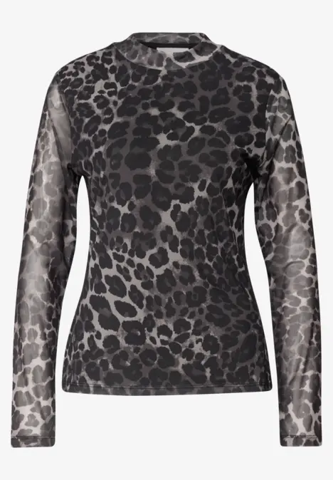 T-shirt manches longues semi-transparent à imprimé léopard gris et noir