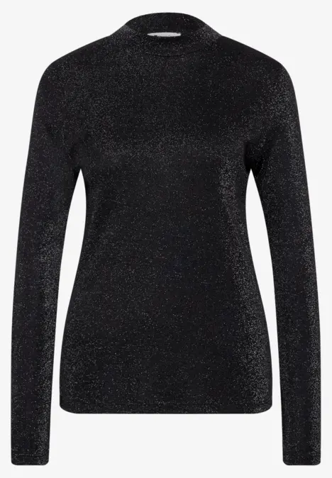 Schwarzer glitzernder Langarmpullover mit engem Schnitt.