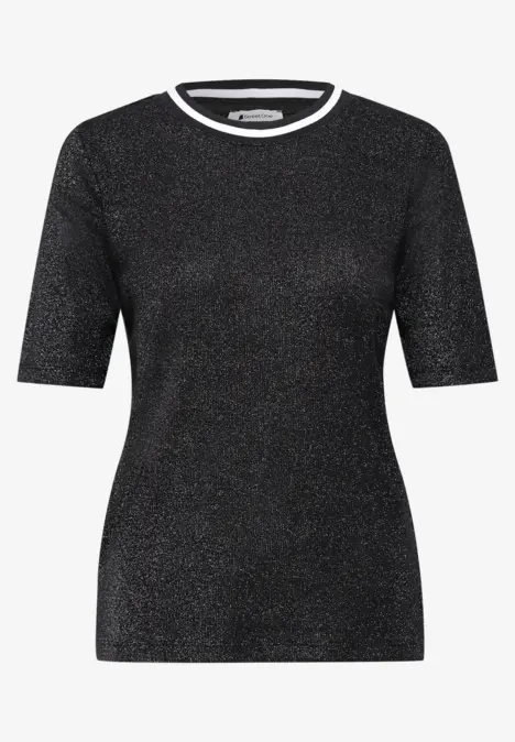 Schwarzes, schimmerndes T-Shirt mit kurzen Ärmeln und Rundhalsausschnitt, figurbetont geschnitten.