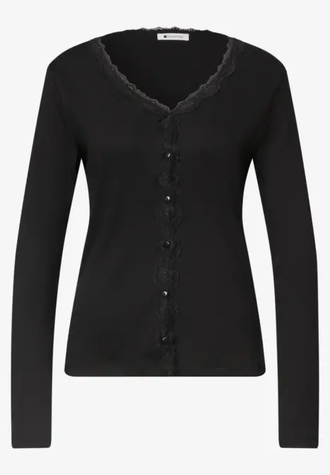 Schwarze Damen-Strickjacke mit V-Ausschnitt, Spitzenbesatz und Knopfleiste.