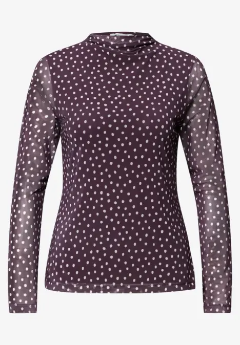 Dunkelviolettes Damen-Longsleeve mit weißen Polka Dots und transparenten Ärmeln