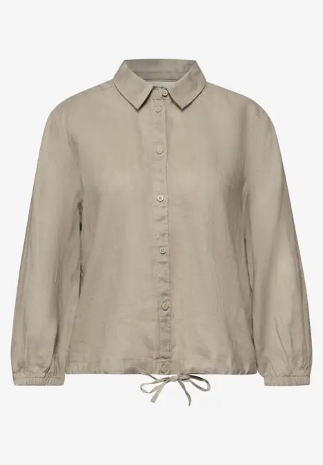 Beige Leinenbluse mit Knopfleiste, Kragen und verstellbarem Tunnelzugsaum.