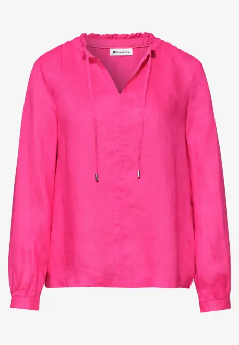 Rosa Bluse aus leichtem Stoff, lange Ärmel, V-Ausschnitt mit Tunnelzug