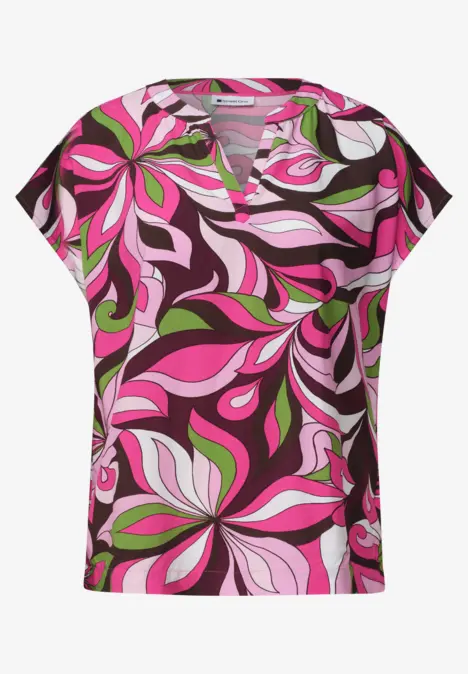Haut femme à manches courtes et col V, motif abstrait floral rose, blanc et marron