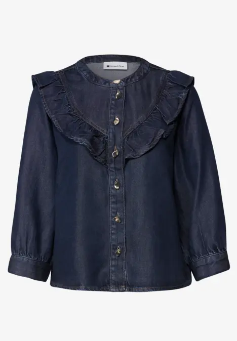 Dunkelblaue Denim-Bluse mit Rüschenkragen, Knopfleiste und langen Ärmeln.
