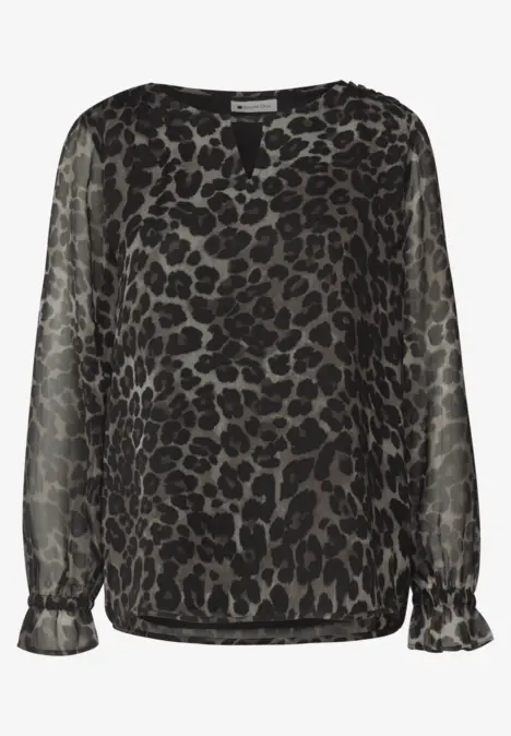 Transparente, langärmlige Bluse mit Leo-Print, elastischem Saum und Manschetten.