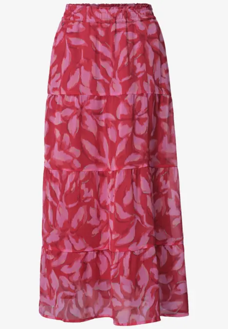 Roter Maxirock mit rosa Blattmuster, lockerer Schnitt und Gummibund.