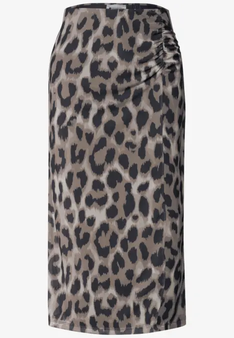 Elegante midirok met luipaardprint, hoge taille, slanke pasvorm met zijdrapering.