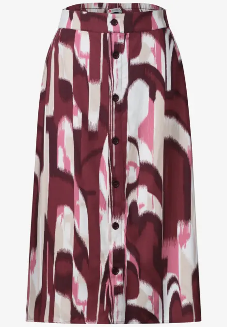 A-Linien-Rock mit durchgehender Knopfleiste und abstraktem bordeaux-weiß-rosa Print.