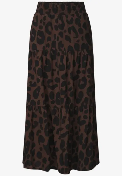 Brauner Midirock mit schwarzem Leopardenmuster,stufenförmig,elastischer Bund.