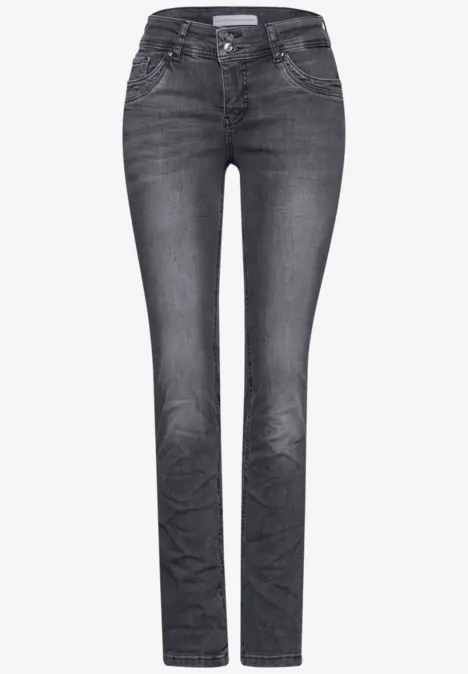 Jean gris droit pour femme, coupe classique à cinq poches.