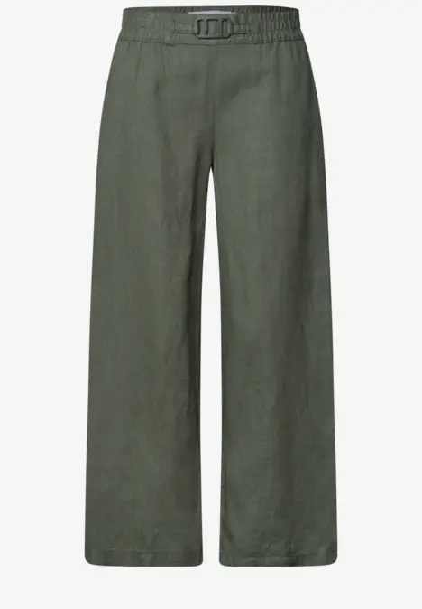 Olivgrüne, weite Leinenhose mit hohem Bund und D-Ring-Gürtelverschluss.