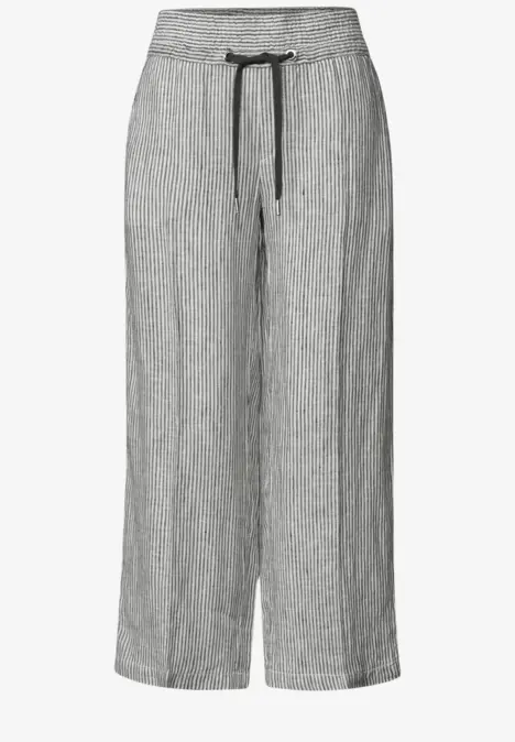 Grau melierte Leinenhose mit weitem Bein und Kordelzug am elastischen Bund.