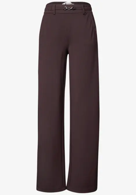 Donkerbruine, wijde damesbroek met hoge taille en knoopsluiting.