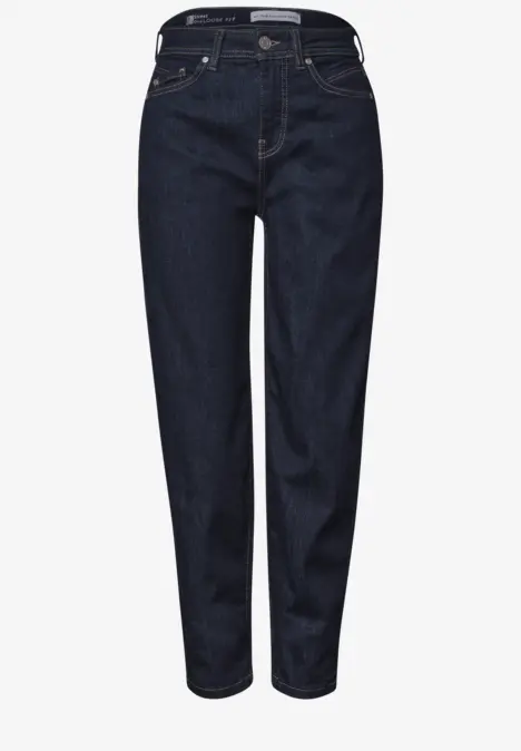 Jean bleu foncé taille haute pour femme, coupe droite et cinq poches classiques.