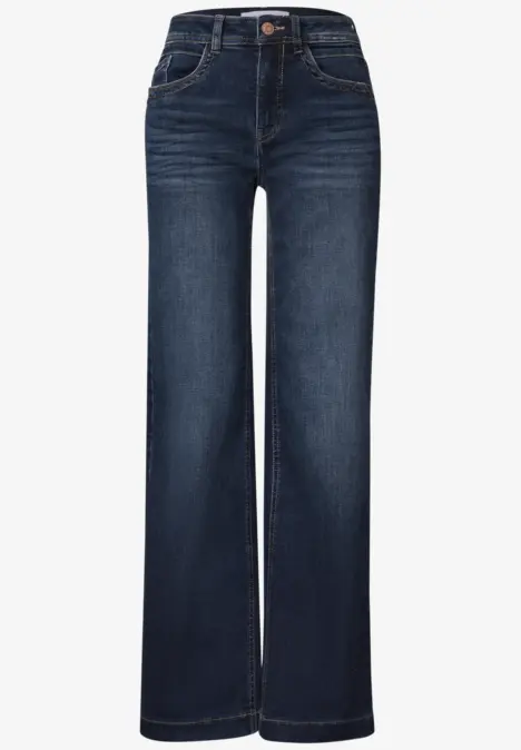 Dunkelblaue, hoch sitzende Jeans mit weitem Bein, Knopf- und Reißverschluss sowie klassischen Taschen.