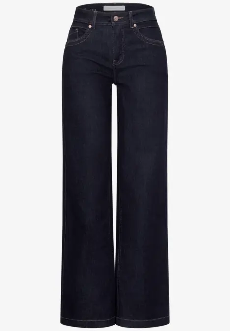 Donkerblauwe high waist jeans met wijde pijpen, vijfzakkenmodel, strakke en moderne look.