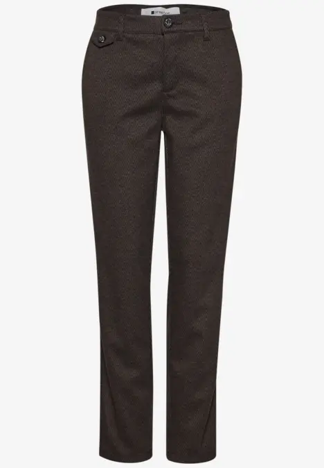 Dunkelbraune Damenhose mit feinem Muster, gerade geschnitten und seitlichen Eingrifftaschen.