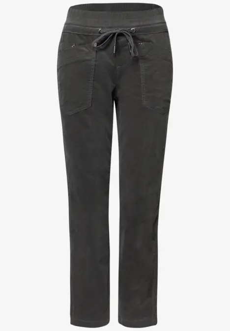 Grijze broek met elastische taille, trekkoord en opgestikte zakken.
