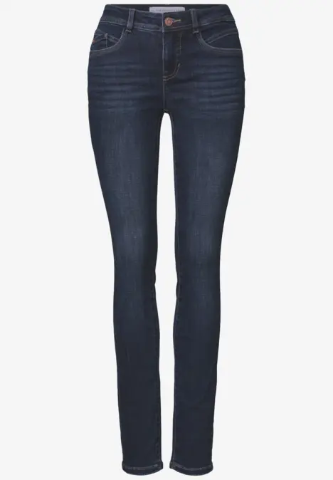 Jean skinny bleu foncé avec cinq poches et taille mi-haute