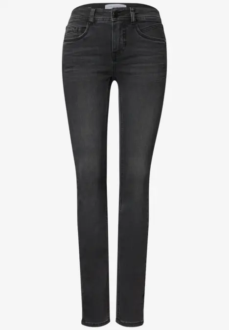 Jean noir slim taille mi-haute, coupe cinq poches en denim.