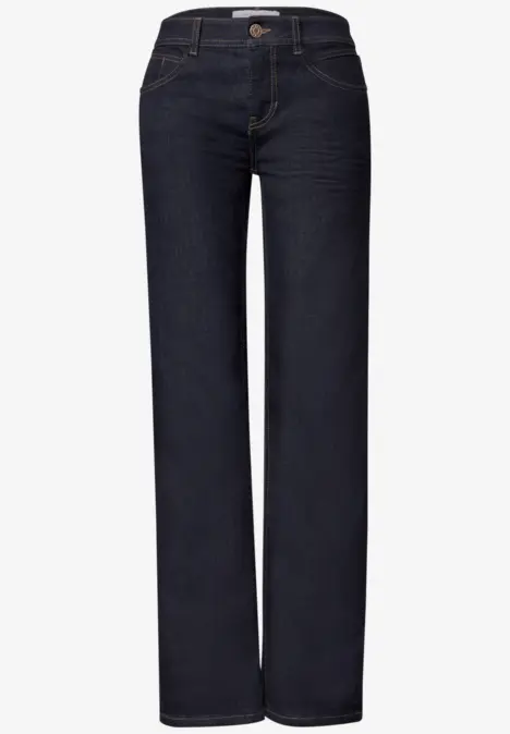 Donkerblauwe, recht gesneden jeans met hoge taille, knoopsluiting en klassieke steekzakken.